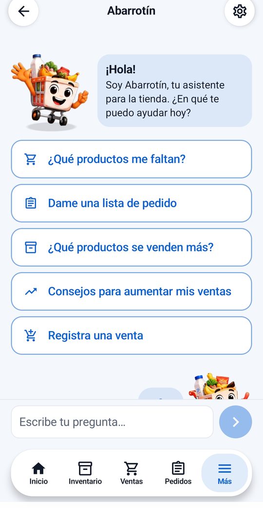 Pantallas de Abarrotín: el asistente, el inventario, los pedidos y la salud de la tienda